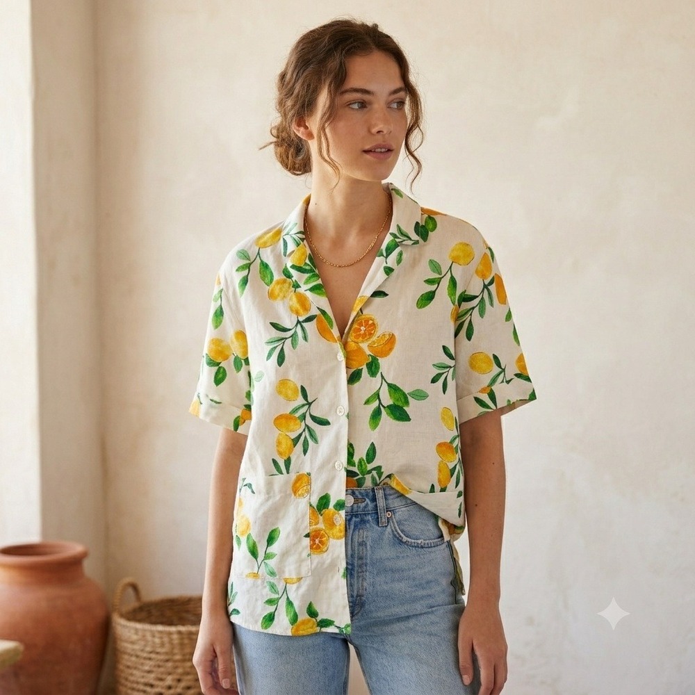 Zara Womens Top Small White Lemon Print Linen Blend Button Up Relaxed Fit Summer
